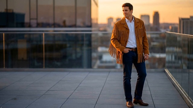 MATARTS Western Cowboy Fringes Suede Leather Jacket for Mens
